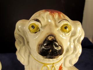 ANTIQUE PAIR OF 19TH CENTURY STAFFORDSHIRE WHITE & RED SPANIELS 13